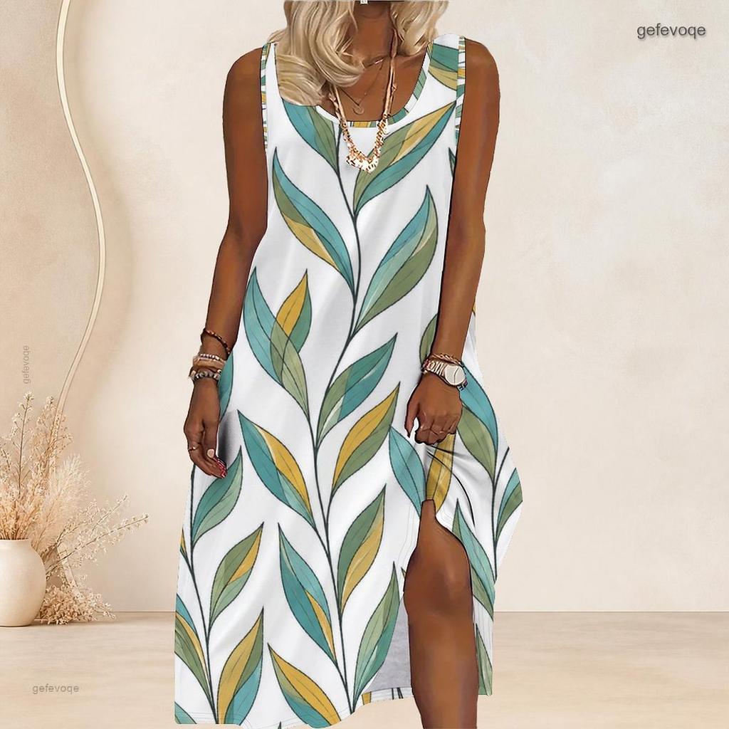 Women Plus Size Scoop Neck Sleeveless Tropical Leaf Printed Green A Line Long Dress