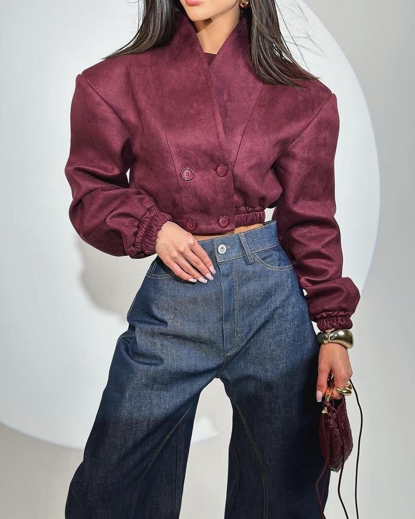 Burgundy Slimming V-Neck Double-Breasted Jacket - 2025 Spring Women's Fashion