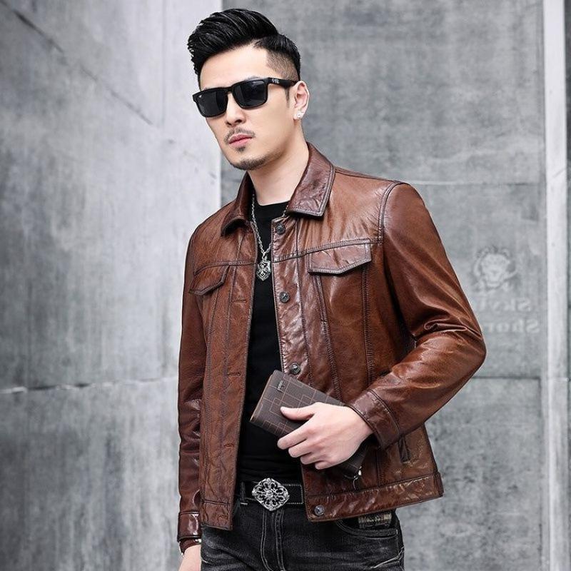 Autumn and winter leather leather jacket men's casual men's clothing first layer cowhide top brown leather motorcycle jacket