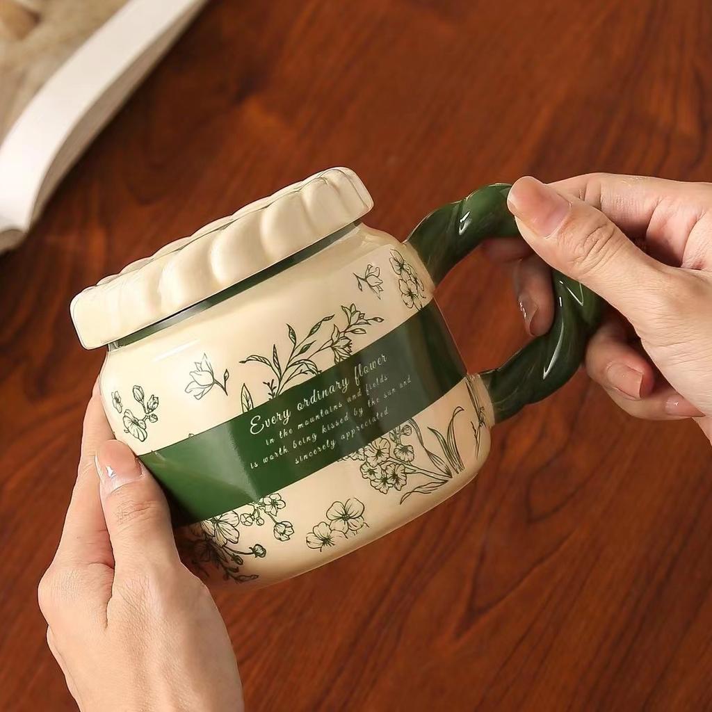 Retro Ceramic Cup with Lid Mug Souvenir Gift Cup National Trend Ins Flower Water Cup Girls Household Cup
