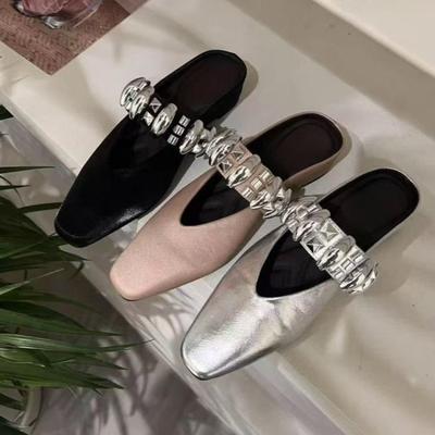 Moda Feminina Flats Internos de Altura Verão Novo Bico Quadrado Boca Rasa Fivela Brilhante Sola Macia Antiderrapante Resistente ao Desgaste Chinelos