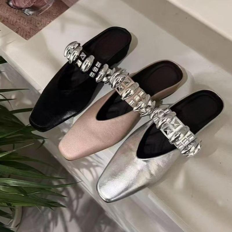 Fashion Women's Inner Height Flats Summer New Square Head Shallow Mouth Glitter Buckle Soft Sole Anti-slip Wear-resistant Slippers