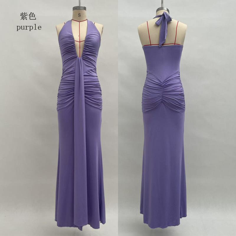 New Women's Long Dress Solid Color Elegant Neck Deep V Waist Sexy Backless Streamer Fishtail Skirt