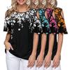 Women T-shirt Round Neck Cold Shoulder Short Sleeve Tee Shirt Loose Fit Flower Print Casual T-shirt Daily Wear