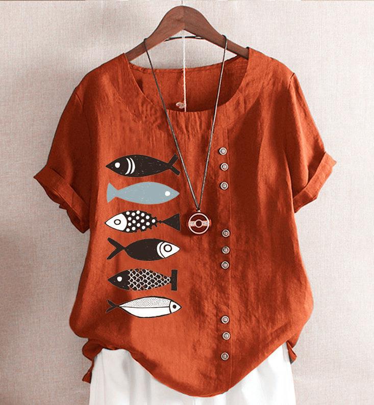 2026 Spring/Summer Plus Size Women s Printed Cotton Linen Short Sleeve Casual Shirt L коричневый