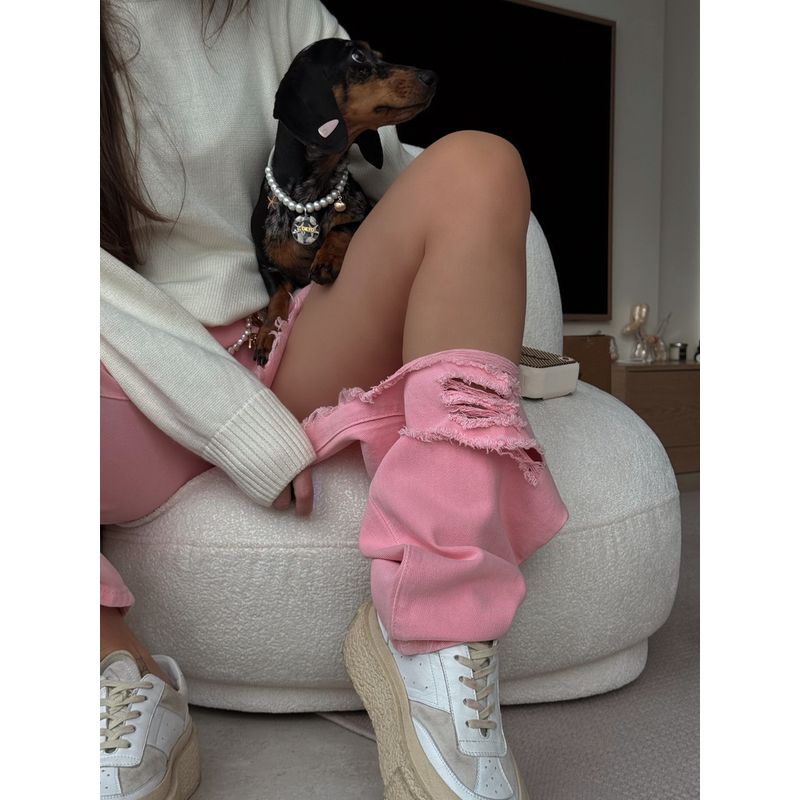 

American vintage Street Broken Wind Washed Distressed Loose Straight Wide Leg High Waist Pink Gyaru Jeans Women Presale L