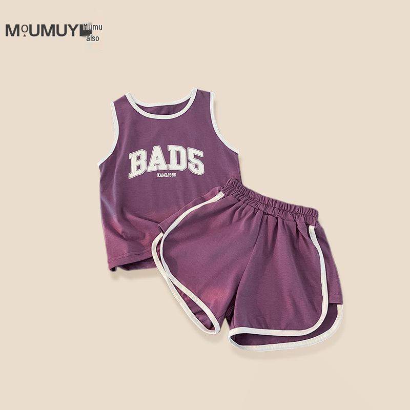 

Children s 2025 Summer Sleeveless Sports Vest Set for Boys and Girls - Toddler Two-Piece with Spliced Letters 90 cm фіолетовий