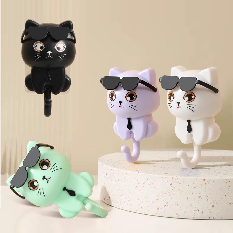 Rotating Black Cat Adhesive Wall Hook for Coats, Keys, and Hats - No-Drill Installation