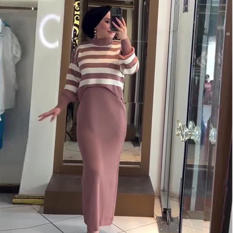 2024 Autumn Women's Fashion Color Block Short Top & Slim Fit Dress Set