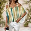 Women Plus Size Cold Shoulder Double Strap V Neck Short Sleeve Dark Blue Printed Blouse