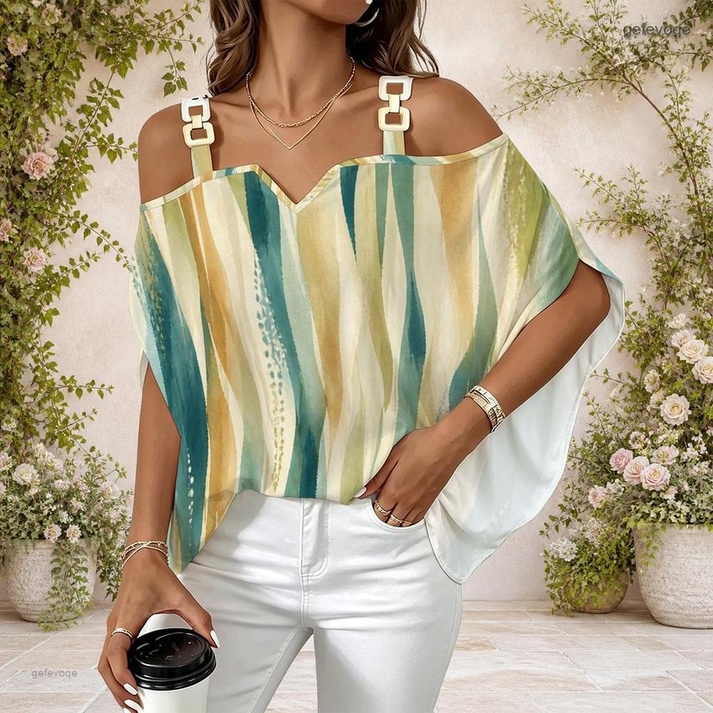 Women Plus Size Cold Shoulder Double Strap V Neck Short Sleeve Dark Blue Printed Blouse