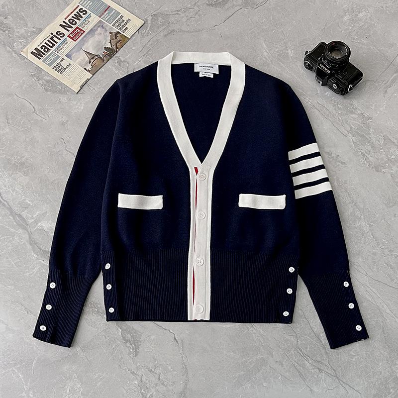 TB Unisex V-Neck Knit Cardigan - Autumn/Winter Colorblock Sleeves with Four Stripes, Slim Fit, Fairy Style.