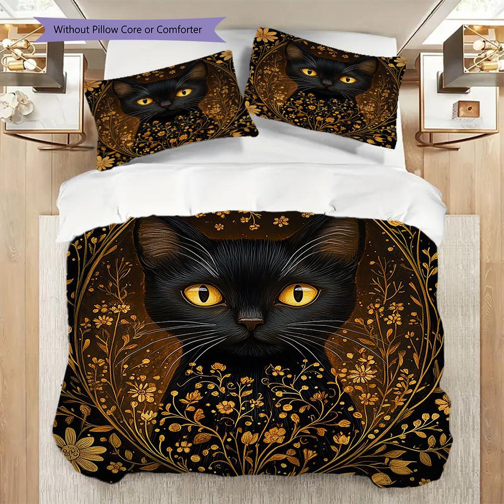 Black Cat Pattern Bedding Quilt Set Quilt Cover Pillowcase Home Decoration Birthday Gift (1 * Duvet Cover + 2 * Pillowcase, Without Core)