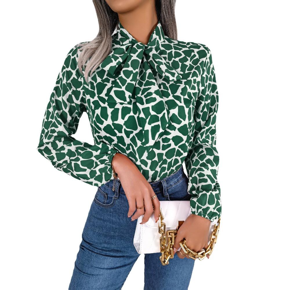 Spring and Summer Temperament Contrasting Color Lace-up Chiffon Top with Lantern Sleeves