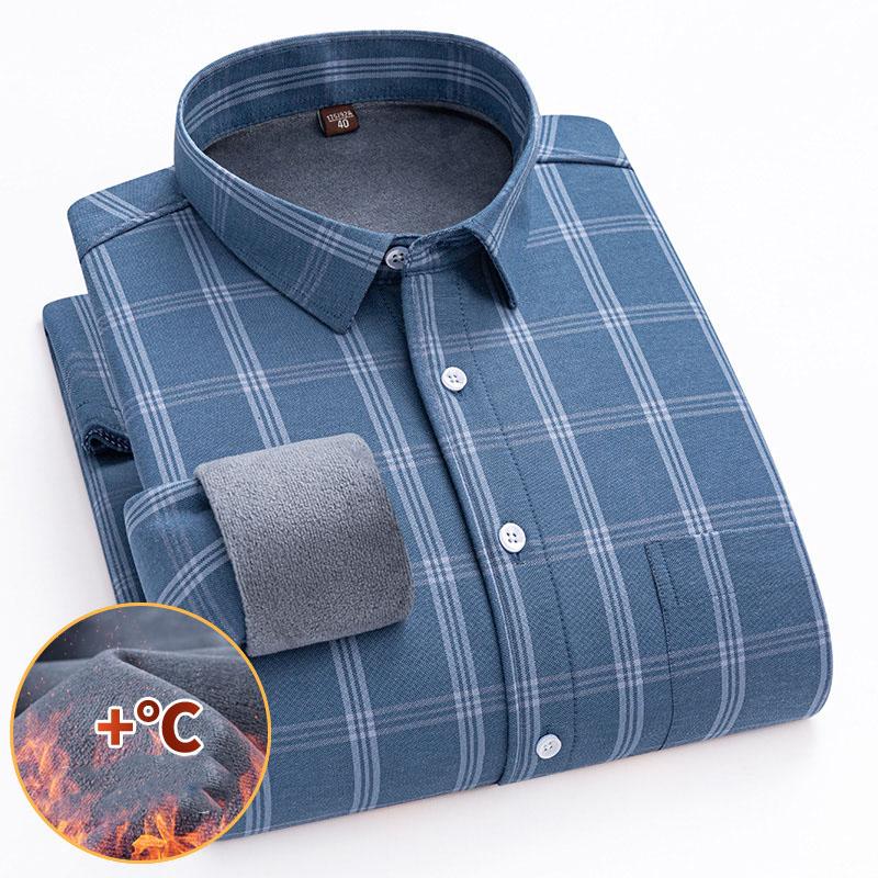 Winter Cotton Oxford Casual Shirts Striped  Plaid Business Men Long Sleeve Warm Shirt 2 Layers