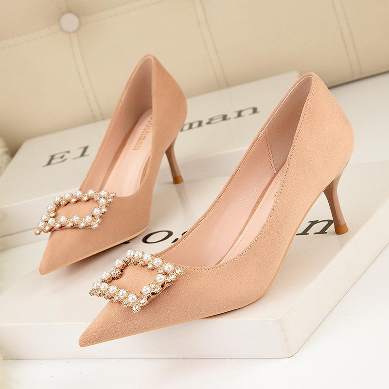 Fashion high heels women's shoes thin heels high heels shallow mouth pointed pearl rhinestone square buckle suede shoes