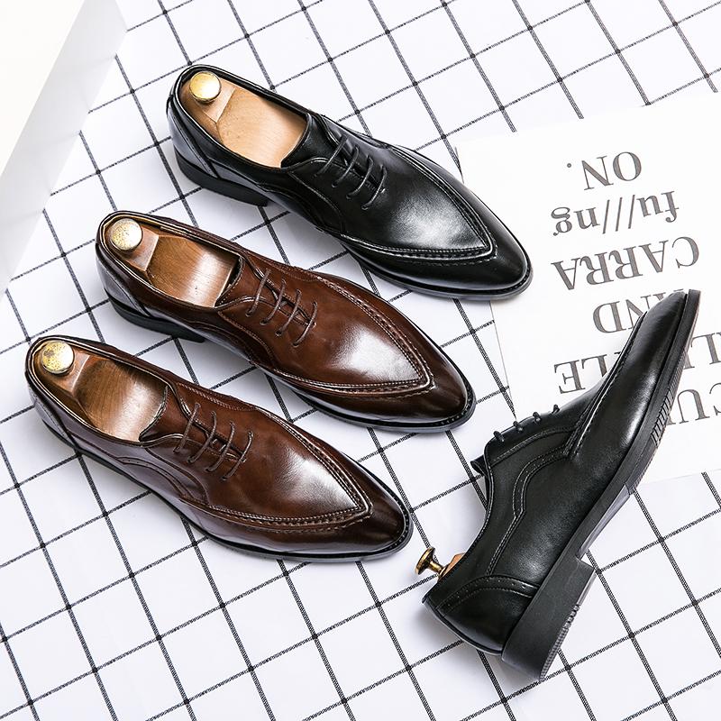 European Station Men Fashionable Derby Shoes Pointed Toe Classic Lace Business Wear Leather Shoes Black Brown 37-45 Men Shoes