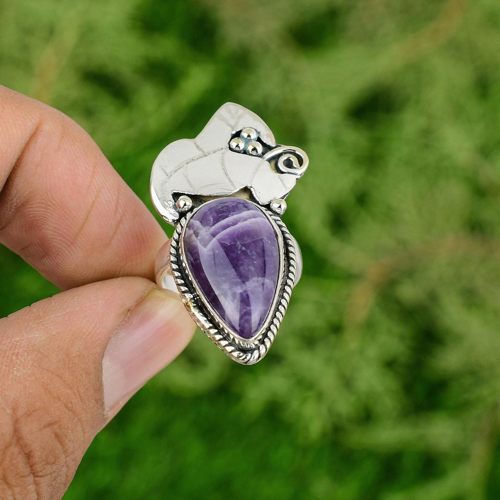 Gift For Women Stackable Ring Size 7.25 925 Silver Natural Chevron Amethyst