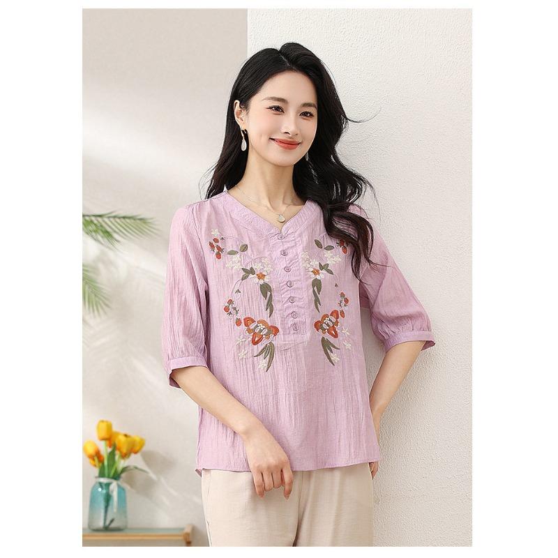 Women Pink V Neck Floral Embroidery Half Placket Three Quarter Sleeve Cotton Linen Blouse