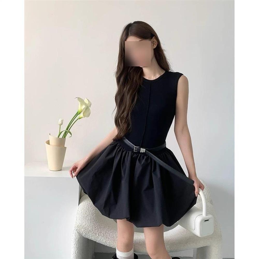 Coffee Break French Black Sleeveless Dress Women's Casual New Summer Temperament Waist Bud Dress Small Man