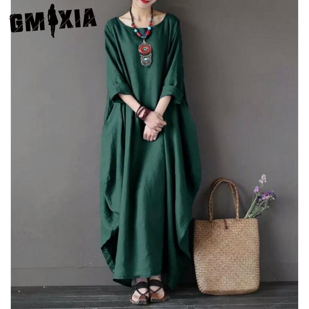

GMXIA Женское длинное свободное летнее повседневное платье из льна и хлопка, больших размеров XXXXXL зелёный