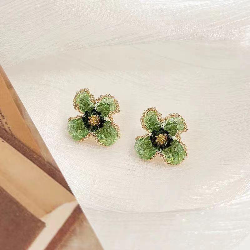 Summer Rhapsody  Green Crystal Earrings Flower Stud Earrings Women s High-end Unique Ear Jewelry
