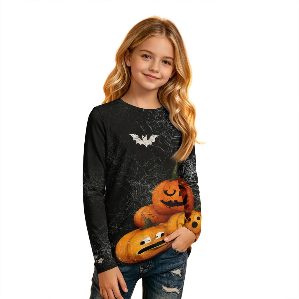 Kids Long Sleeve T-Shirt with Halloween Print, Round Neck, for Boys and Girls