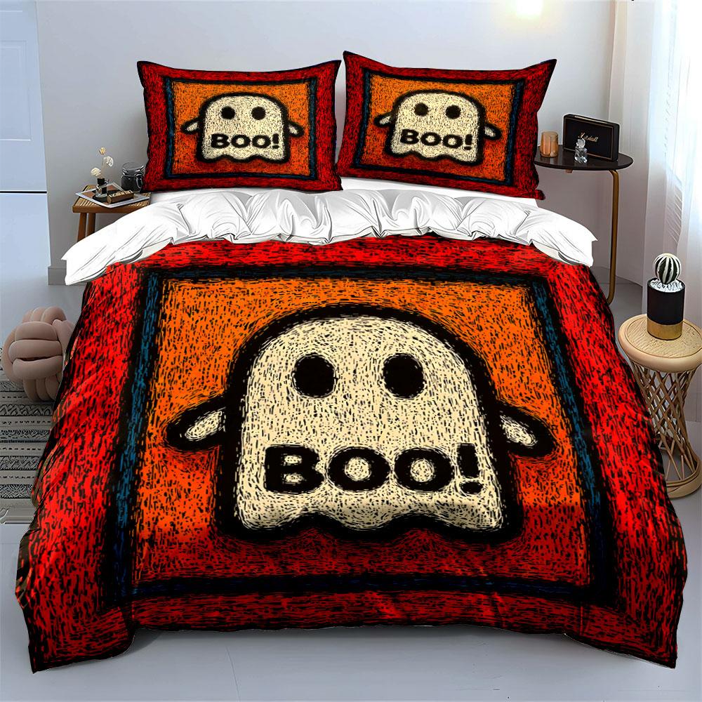 Ghost Illustration with "Boo!" Bedding Duvet Cover Set  (1*Duvet Cover 2*Pillowcases, Without Duvet Insert)