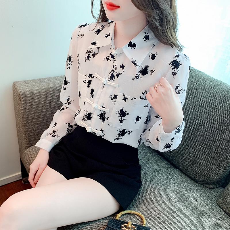 New 2024 Chinese Style Fashion Long Sleeve Office Lady Turn Down Collar Pocket Print Chiffon Blouse Shirt Women Tops Blouses Shirts J500