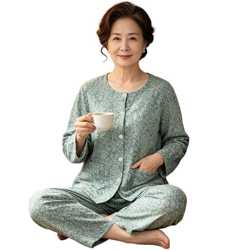 Retro elegant light green temperament middle-aged and elderly grandma round neck imitation cotton pajamas loungewear long sleeves trousers set