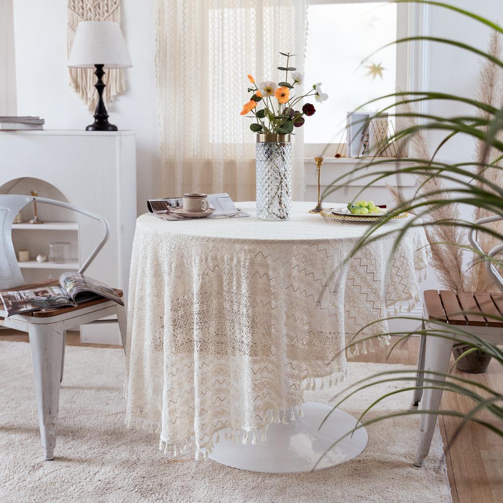 Embroidery Lace Tablecloth,Boho Round Tablecloth with Tassels Farmhouse Table Cover for Wedding Banquet Party Dining Table Decor