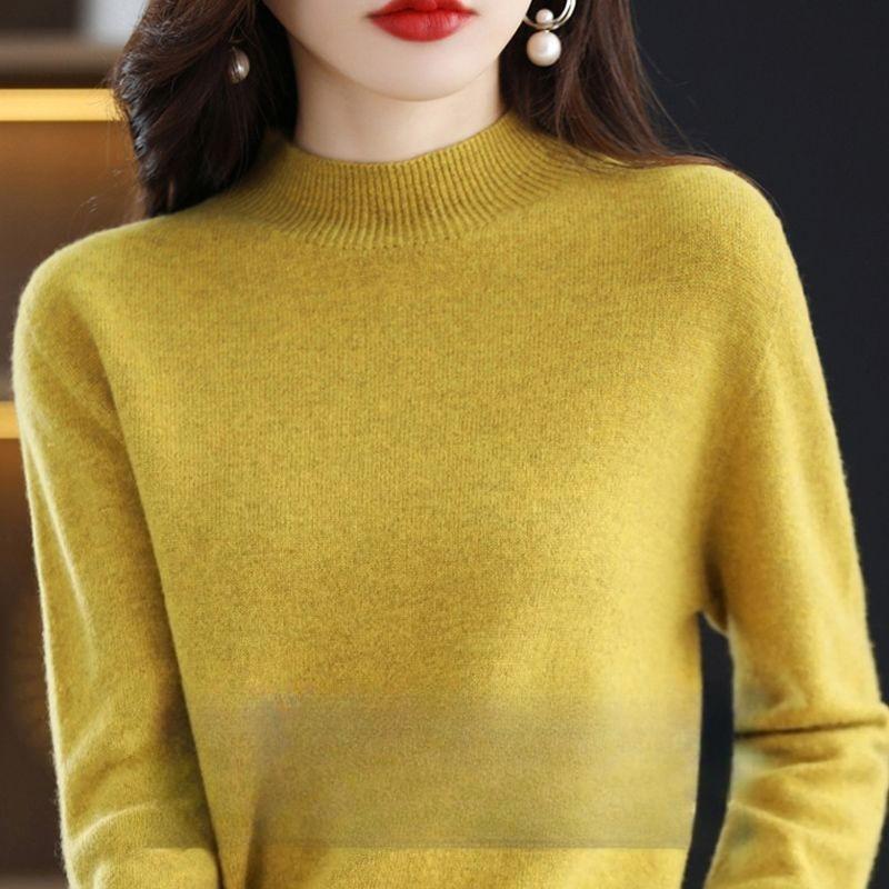 Halbhoher Pullover für Damen im Herbst und Winter, Verdickter einfarbiger lockerer Wollpullover, Kombiniert mit einem Unterhemd