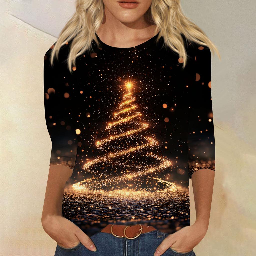 Women's Fashion Casual Seven Sleeve Christmas Printed Round Neck Top