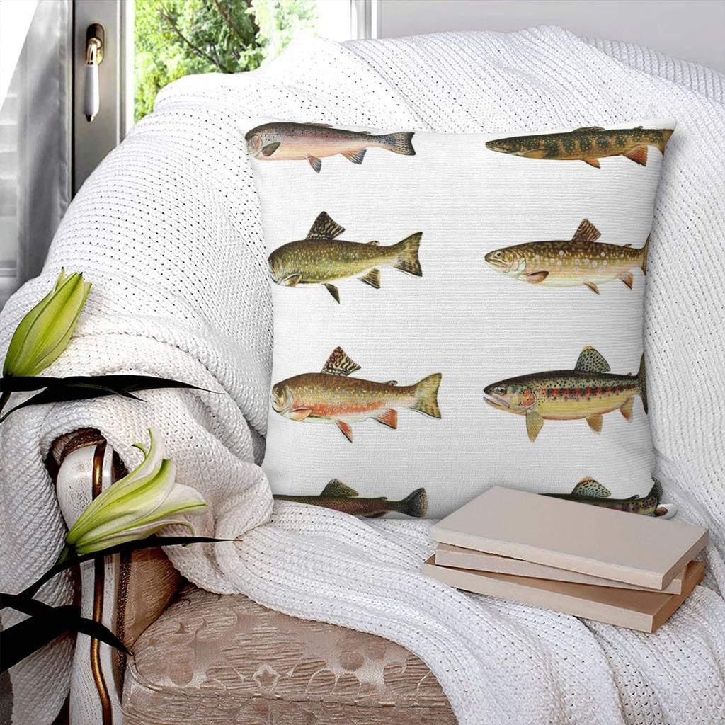 Pillow Cover Vintage Fish Trout Pattern Cushion Cover Cartoon Fishes Pillow Case For Chair Sofa Home Decoration Pillowcases