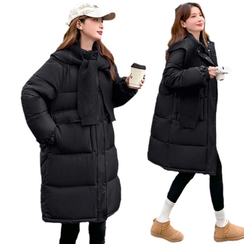 Down cotton jacket women's winter mid-length padded jacket loose knitted shawl thickened cotton jacket 2025 new coat