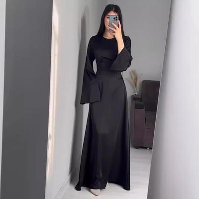 European and American Spring New Waist Slimming Strap Solid Color Long Sleeve Long Dress Elegant Dress Women