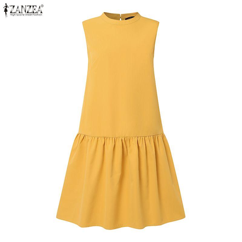 ZANZEA Women Casual Round Neck Solid Color Summer Sleeveless Dress