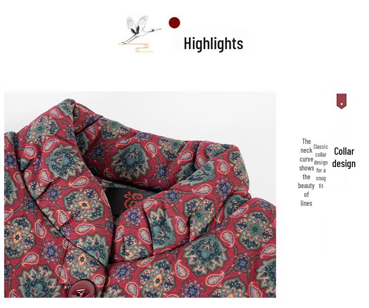 Floral Velvet-Lined Winter Coat for Middle-Aged and Elderly Women