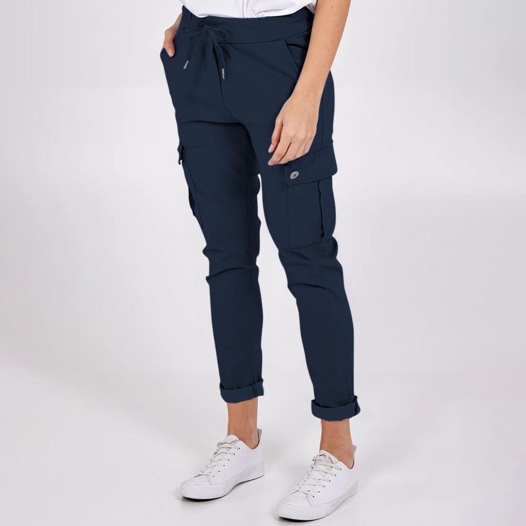 Women's Fashion Button Pocket Drawstring Elastic Waist Casual Pants