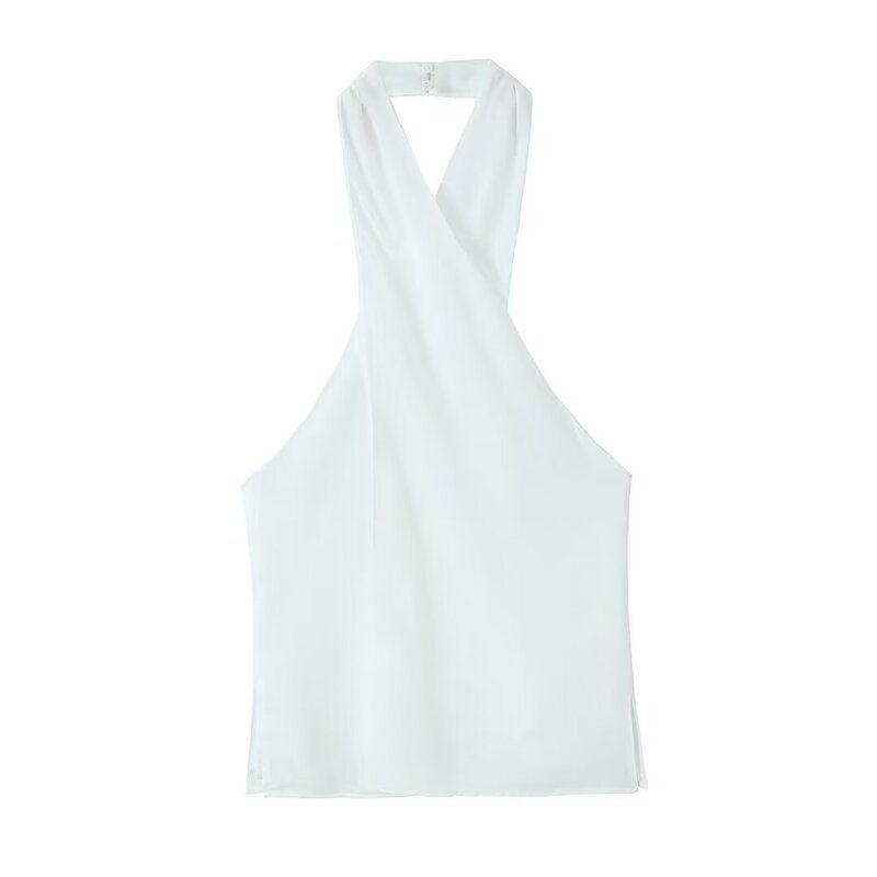 Fashion Style 2024 Summer Female Open Back Cross Design Hanging Collar Strappy Sleeveless Tank Top Tops 3034318
