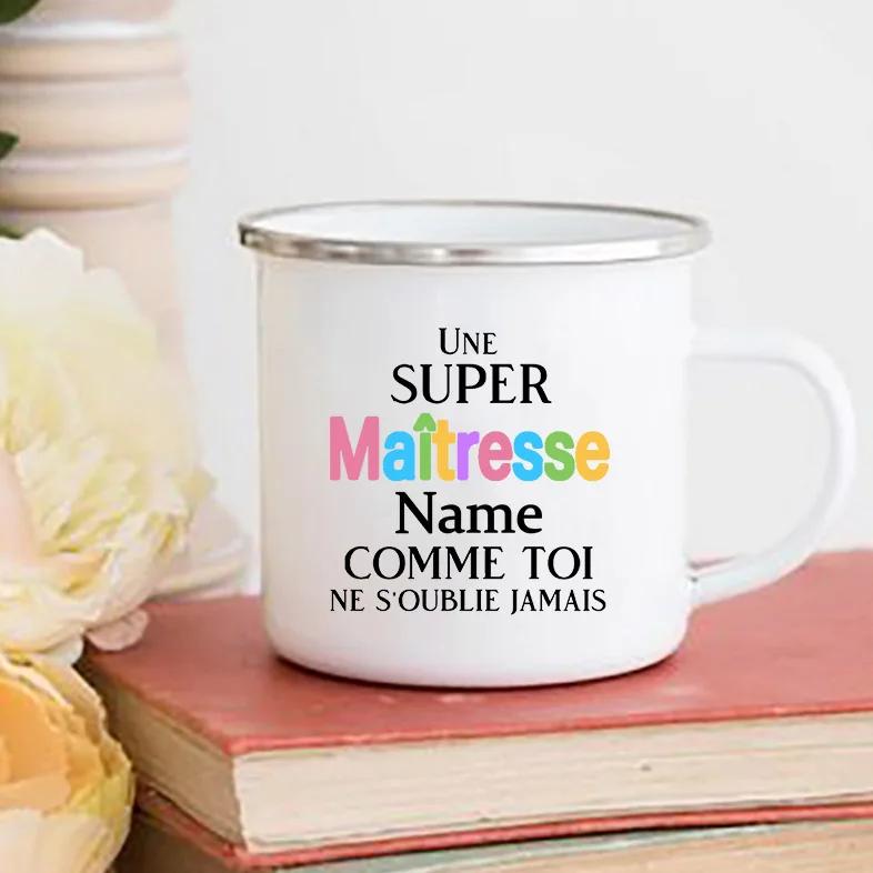 Personalised Custom Name Mug Merci Maitresse Coffee Cups Drinks Water Cup Enamel Mugs School Home Handle Drinkware Teacher Gifts