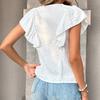 Women V Neck Ruffle Sleeve Blouse with Button Down Front and Embroidered Floral Pattern Style Short Sleeve Top for Daily Wear
