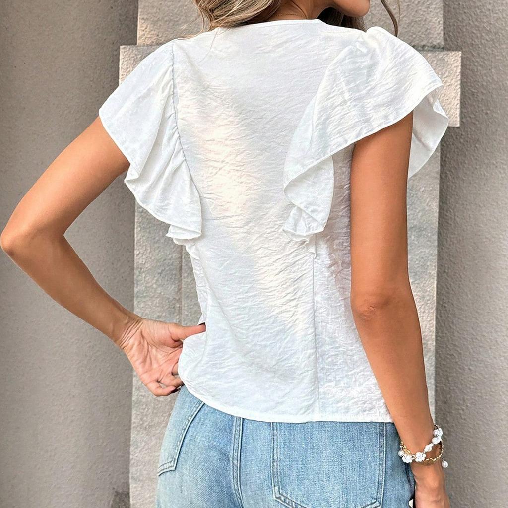 Women V Neck Ruffle Sleeve Blouse with Button Down Front and Embroidered Floral Pattern Style Short Sleeve Top for Daily Wear