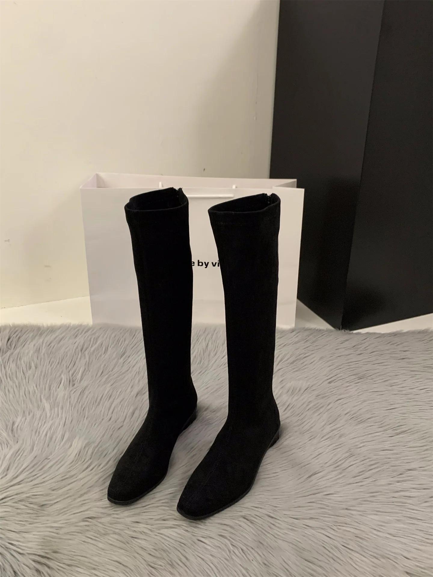 

Модный дизайнер Винтажные женские сапоги до колена Модные туфли на низком квадратном каблуке Лаконичные облегающие длинные боты для женщин 2025 35 чёрный