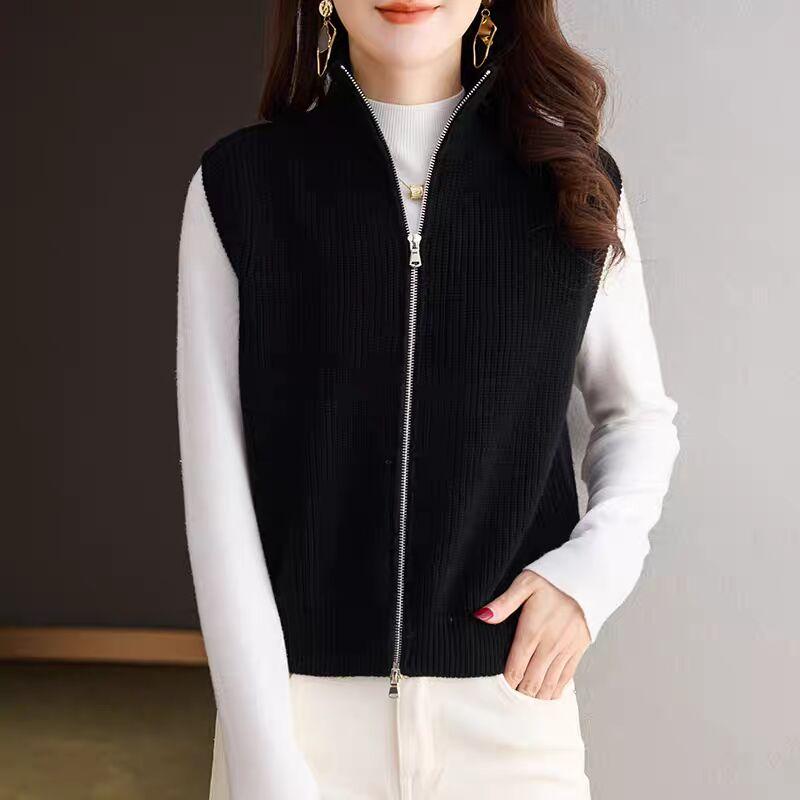 DIMANAF 2025 Autumn Winter Women Sweaters Vest Tops Knitted Basic Sleeveless Zipper Outerwear