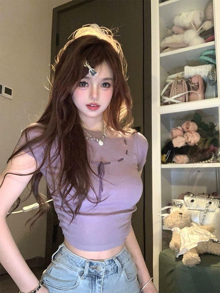 Pure Desire Sexy Sweet Wind Pink Short-sleeved T-shirt Slim Niche Fashion Slim Unique Spice Top Ins