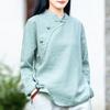 Chinese Retro Cotton and Linen Long Sleeved Shirt  Loose Stand Up Collar Button Top
