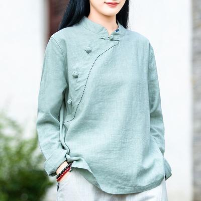 Camicia cinese retrò in cotone e lino a maniche lunghe con colletto alto e bottoni