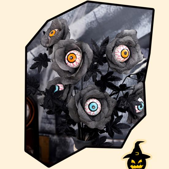 1/2/3Pcs Halloween Artificial Eyeball Flower with Black Maple Leaves Spooky Gothic Fake Silk Flower Home Table Centerpiece Faux Rose Decoration
