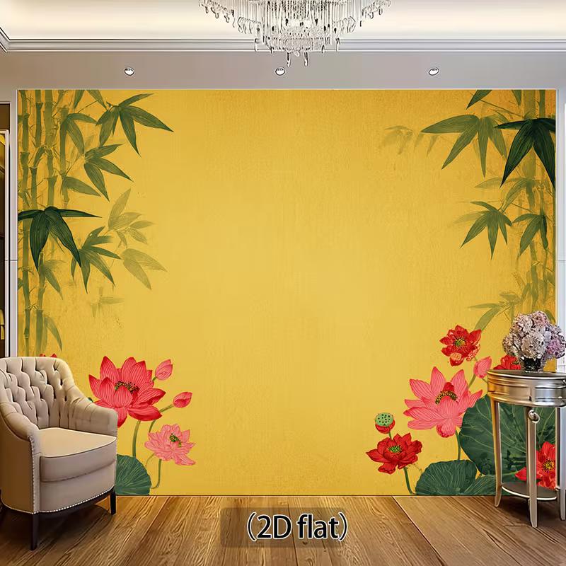 2D Yellow Lotus Bamboo Backdrop, Chinese Floral Background for Home & Event Decor